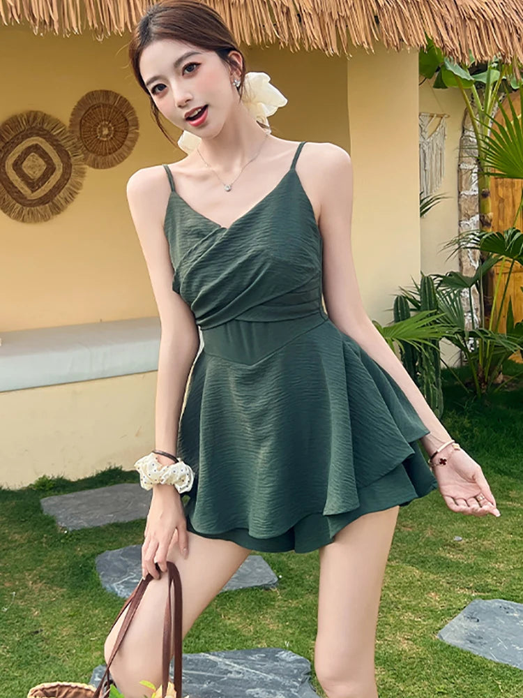 Lunivop  Green Pleated Bodycon V-Neck Sexy Sling Dress Summer Elegant Ruffled Casual Short Dress Women Korean Fashion Holiday Dress
