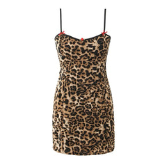 Lunivop  Sexy Bow V neck Brown Leopard Print Sling Dress Women Skinny Slim Waist Package Hips Backless Hem Mini Robe Femme Vestidos