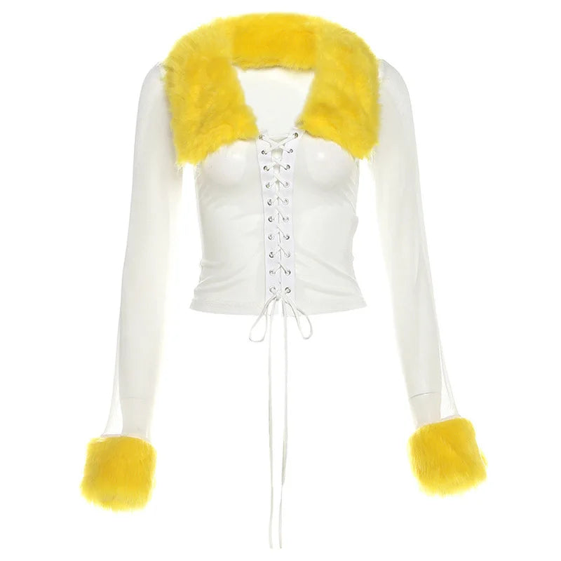 Lunivop  Furry Patchwork Women Grommet Lace Up Mesh Crop Tops Turn Down Collar Long Sleeve Slim Casual T-shirts Fashion Clubwear Tees