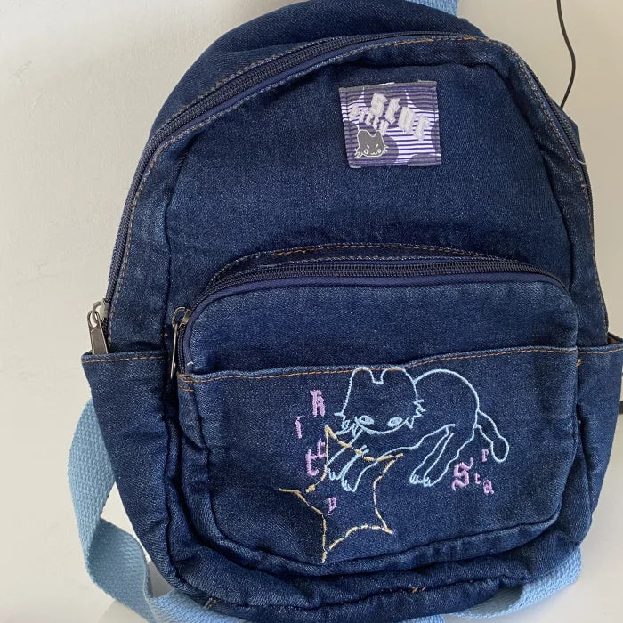 Lunivop Japanese Simple Kawaii Cat Backpack Denim Handbag Shoulder Bags Large Capacity Student Schoolbag Cute Women Backpack