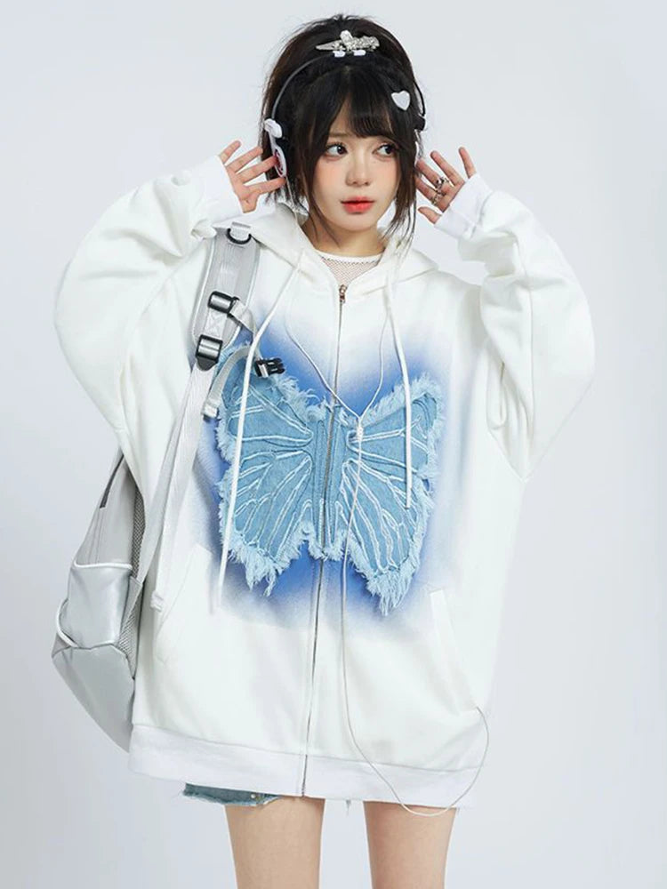 Lunivop Vintage Women Y2K Hoodies Bufferfly Loose Long Sleeve Streetwear Sweatshirts Harajuku Casual Fall Lady Retro American Tops