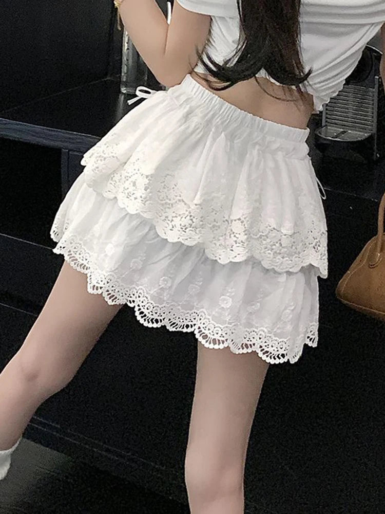 Lunivop Cute Bow White Skirts Women Sweet High Waist Lace Patchwork Mini Skirt Korean Fashion Preppy Style Lady Elegant Cake Skirts
