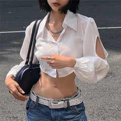 Lunivop   Sexy Puff Long Sleeve Fashion Casual Solid Slim V-neck Hollow Out Crop Tops Y2K Summer New Sweet Cute Streetwear Camis