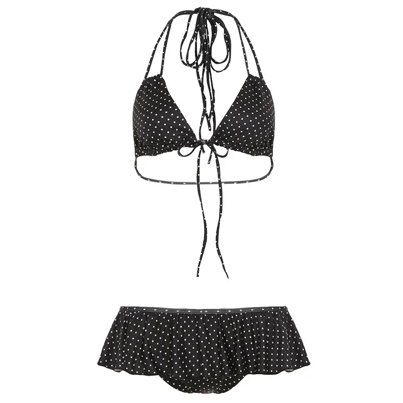Lunivop Women Polka Dot Bikini Set Beaches Style Lace-up Halter Camisole and Ruffled Triangle Pants Two Piece Set Vacation