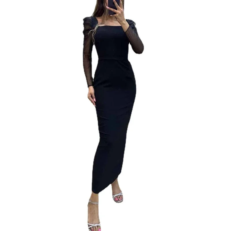Lunivop  Sexy See-through Slim-fit Hip Wrap Dress Square Collar Black Dress Party Club Dress LongDress Formal Commuter Long-sleeved Dress
