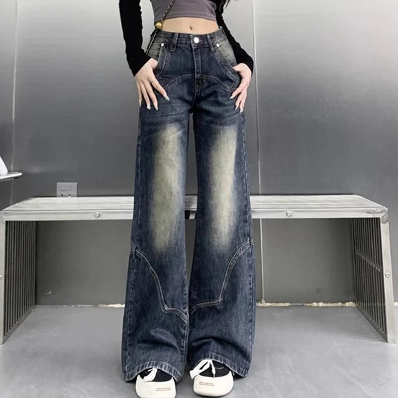 Lunivop  Autumn Women High Waist Straight Denim Pants Korean Aesthetic Slim Wide Leg Jeans Woman Vintage 2000S Washed Denim Trousers