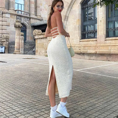 Lunivop   Elegant Strapless Halter Dress Women Sexy Low-cut Backless Texture Dresses Summer Y2K Slim Bandage Streetwear Robe