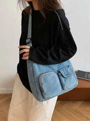 Lunivop  Multi Pocket Denim Tote Bag for Female Students Casual Single Shoulder Crossbody Large Capacity Commuting Canvas Bags