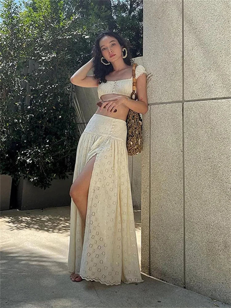 Lunivop   Y2K Lace Floral Two Piece Sets Summer Elegant Outfits Square Neck Front Breasted Crop Top Long Dress Sets Festival Club