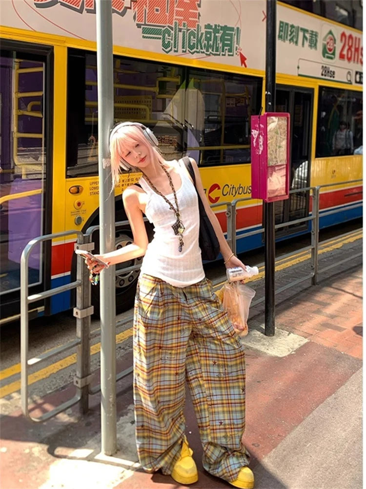 Lunivop American Style Dopaamine Checkered Wide Leg Pants Women Summer Vintage Loose Casual Drapey Long Trousers Fashionable Loose Fit