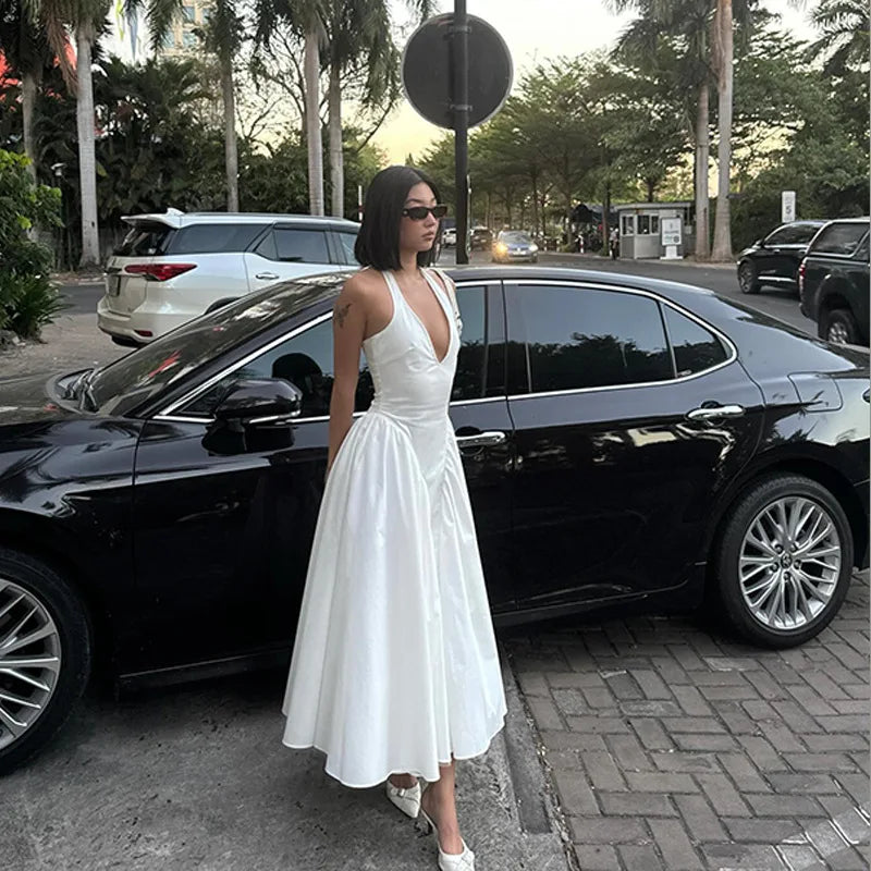 Lunivop Elegant Halter V-Neck Maxi Dress For Women Sexy Slim Backless Solid Long Dress  Summer Lady Prom Party Gown Casual Streetwear Ro