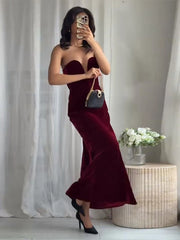 Lunivop  Burgundy Velvet Strapless Maxi Dress Sweetheart Neckline Side Zipper Bodycon Evening Elegant Women Vestidos Party Lady Gown