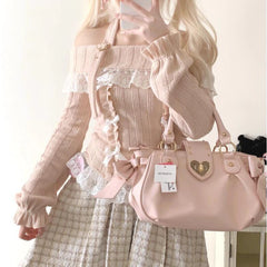 Lunivop Kawaii Sweet Knitted Pullover Women Off Shoulder Japanese Style Sweater Harajuku Lace Bow Cutecore Long Sleeve Sweaters