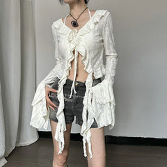 Lunivop Butterfly Sleeve Tassel Long Sleeve Ruffles High Waist Crop Top Tshirt Hollow Out Summer Fashioon Y2K Casual Clothes