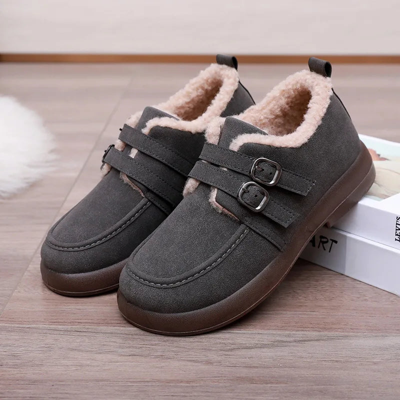 Lunivop Autumn Winter Casual Flat Shoes for Women Moccasins Soft Loafers Fashion Buckle Warm Plush Slip on Female Cotton Shoes