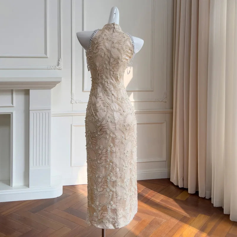 Lunivop  Fashion Pearl Embroidered Dress Women's Sleeveless Waist Retraction Dresses 2025 Summer New Tide