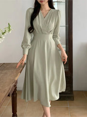 Lunivop  Korean Solid Midi Dresses for Women Fashion V-neck Long Sleeve A-line Solid Casual Dress Office Lady Clothing Autumn New