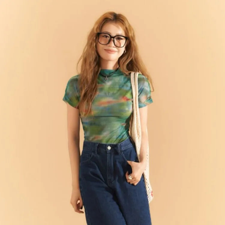 Lunivop  Summer New All-match Tops Mujer Mesh Short Sleeve T-shirt for Women Y2k E-Girl Slim Fit Irregular Print Tee Shirt