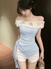 Lunivop  Sexy Off Shoulder Slim T Shirt Women Elegant Fashion Slash Neck Sweet Tees Korean Lace Up Design Irregular Butterfly Tops