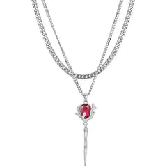 Lunivop Double Layer Red Zircon Rose Pendant Necklaces Y2K Layered Flower Stone Chain Necklace Irregular Floral Aesthetic Jewelry Gifts