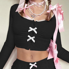 Lunivop  Cute Bow Stitching Pink Top Lace Patchwork Square Collar Long Sleeve T-shirts Chic Folds Skinny Basic Tee Women 2024 Fall