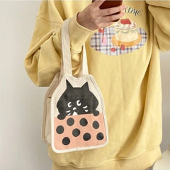 Lunivop Small Handbags for Women Korean Style Cute Cartoon Cat Canvas Bag 2024 Fashion Casual Portability Kawaii Print Bag