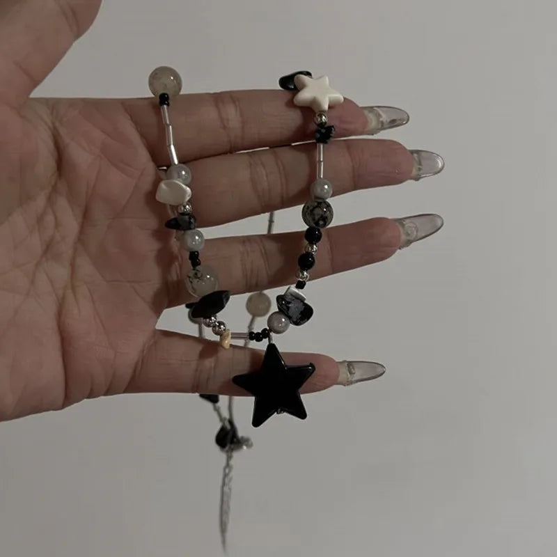 Lunivop Vintage Goth Cool Star Pendant Beaded Chain Necklace For Women Dopamine Black Star Beaded Necklace Kpop Y2K Jewelry Accessory