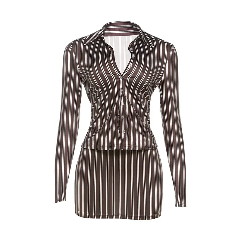 Lunivop  Striped 2 Piece Set Full Sleeve Single Breasted Shirts Top + Bodycon Mini Skirts Women Casual Streetwear Suits Party Clubwear
