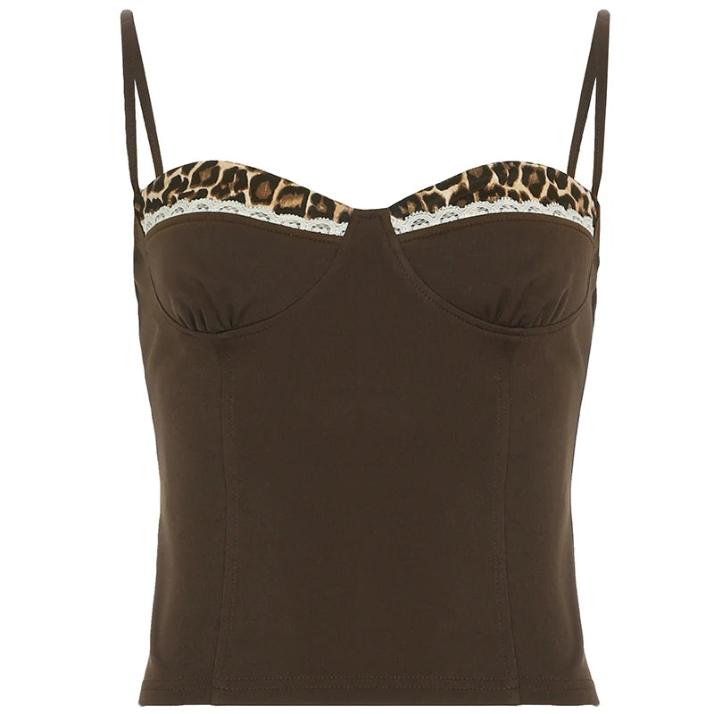 Lunivop  y2k Leopard Print Patchwork Corset Top Women Sleeveless Skinny Crop Top y2k Aesthetic Cute Lace Stitching Camisole Ladies