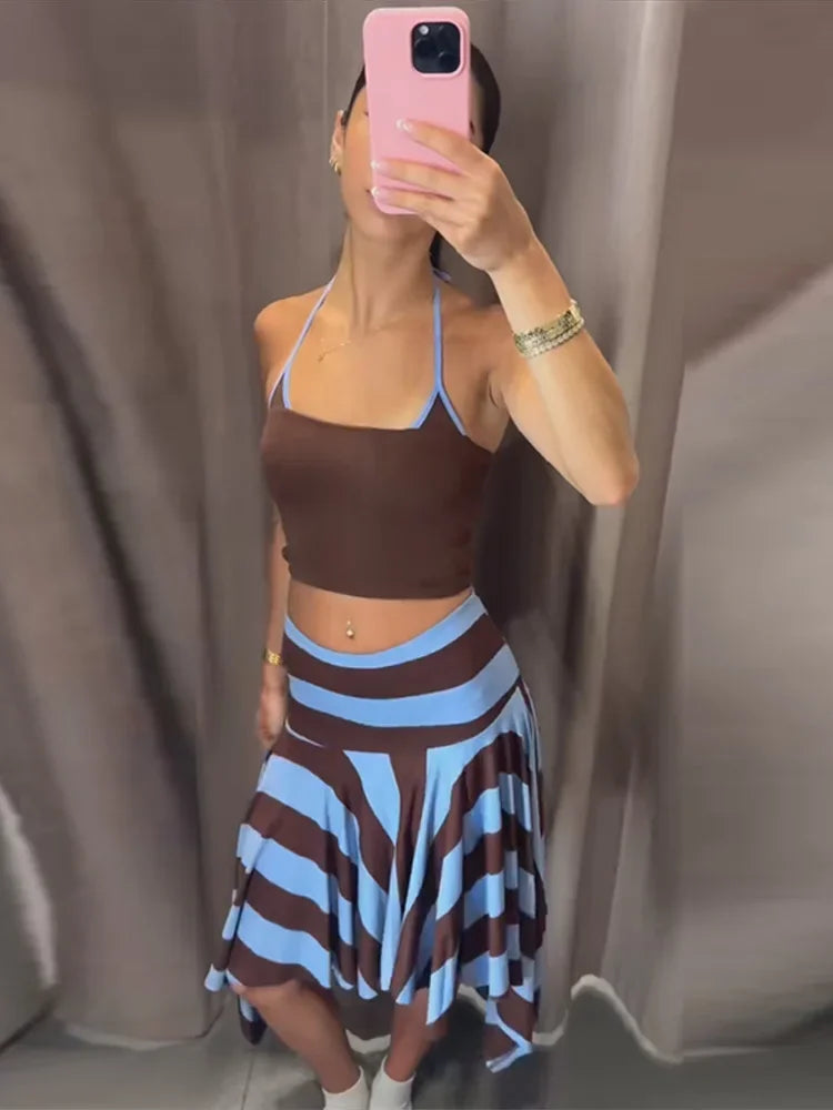 Lunivop  Striped Asymmetric Midi Skirt Women Sexy Elastic Pleated Hem Skirts Female Summer Lady Casual Vacation Bottom