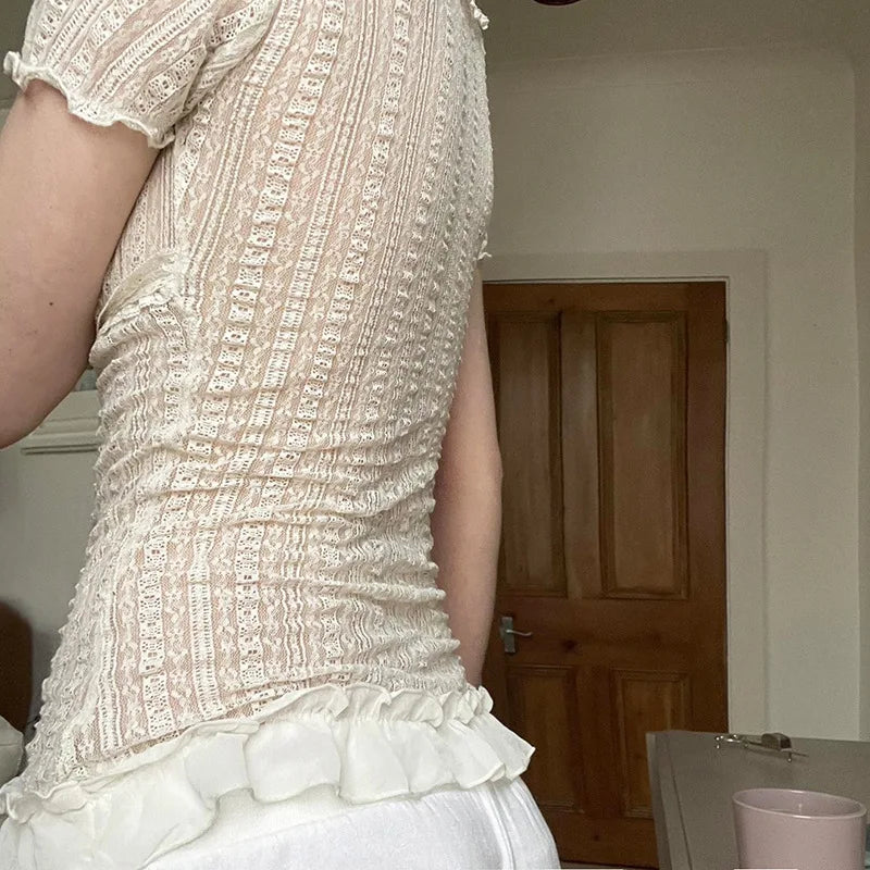 Lunivop French jacquard V-neck lace bubble sleeves sweet T-shirt Y2K Textured Waist Cinching Shirts Women Summer Cardigan Tops Blouse