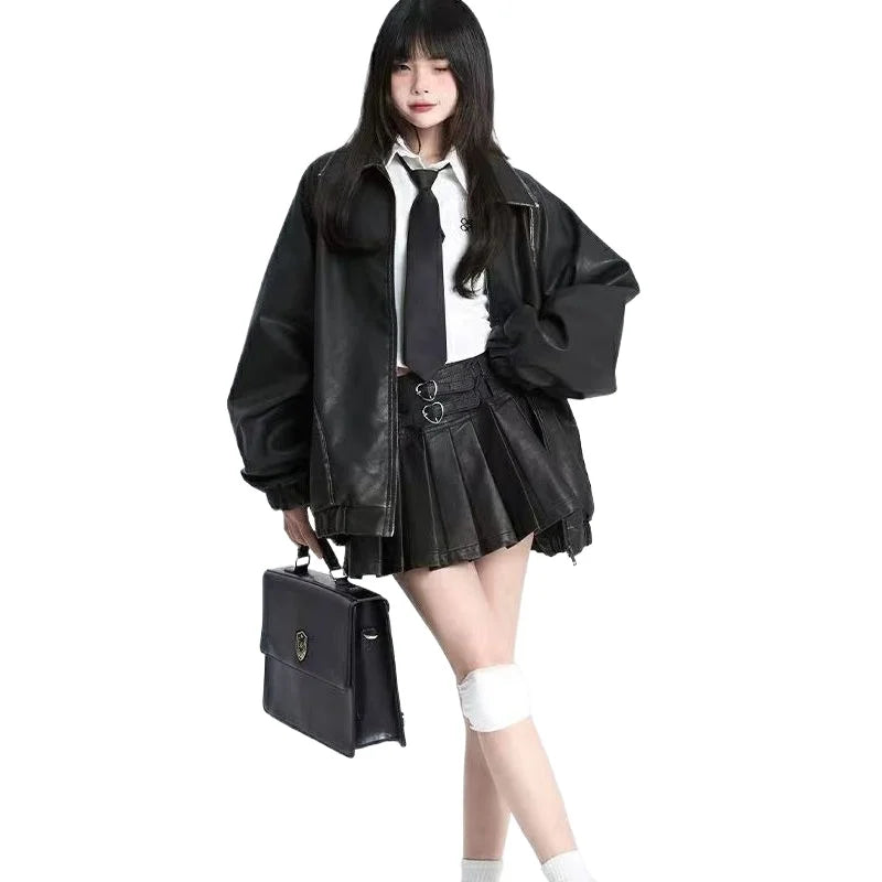Lunivop Vintage Brown Leather Skirt Women Y2k Sexy Gothic Pleated Mini Skirt Black Punk Grunge Retro Short Skirts Streetwear