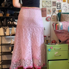 Lunivop  Y2K Sweet Pink Lace Irregular Split Skirt Streetwear Contrast Aesthetic Stylish Flowy Long Skirts Cute Outfits Summer