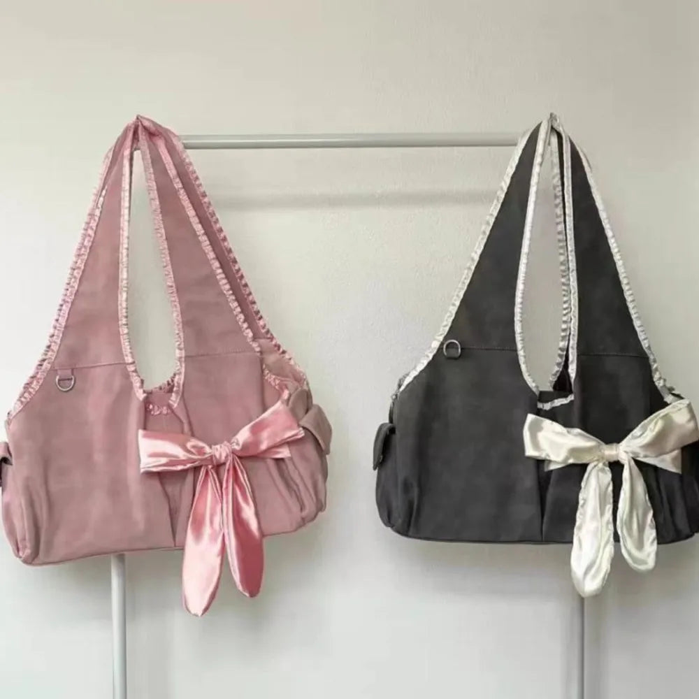 Lunivop Harajuku Large Capacity Tote Bag Women Fairycore Aesthetic Bow Chic Grey Handbag Female Vintage Cute Shoulder Bags New