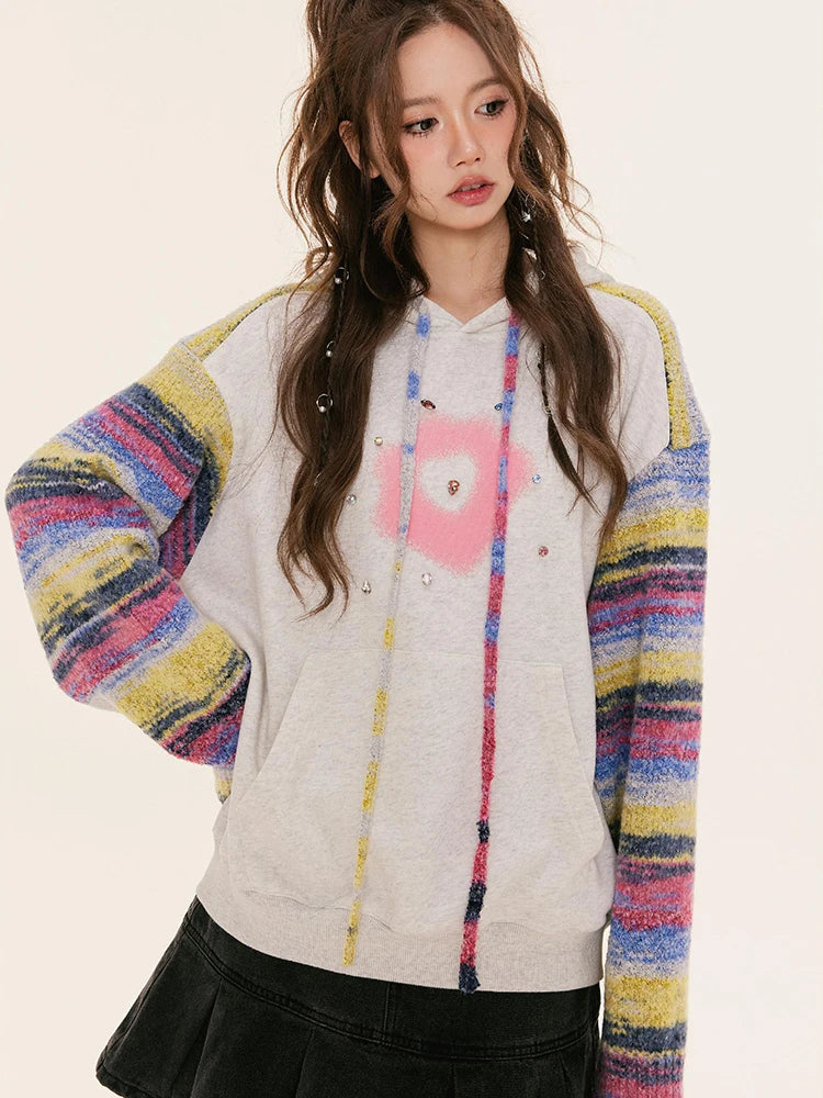 Lunivop Knitted Patchwork Vintage Hoodies Women Streetwear Long Sleeve Harajuku Sweatshirt American Casual Female Design Tops Fall