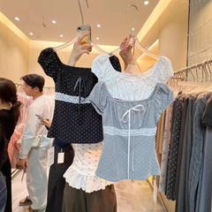 Lunivop  New Sweet Spice Girls Lace Patchwork Vests Polka Dot Square Collar Puff Sleeve Tanks Slim Exquisite Minority Fresh Camis