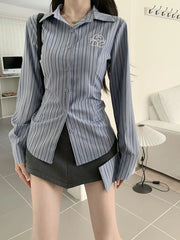 Lunivop Harajuku Retro Striped Shirt Women Korean Fashion Slim Embroidery Blouse Preppy Style All Match Long Sleeve Casual Tops