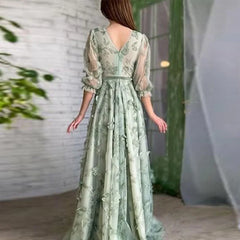 Lunivop  New Sweet Evening Dresses Women Elegant Long Sleeve Party Dress V-neck A-line Prom Dress Formal Occasion Gown Customized