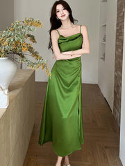 Lunivop  Summer Green Satin Swinging Collar Sling Long Dress Women Korean Vintage Luxury Party Vestidos Elegant Bodycon Night Dress