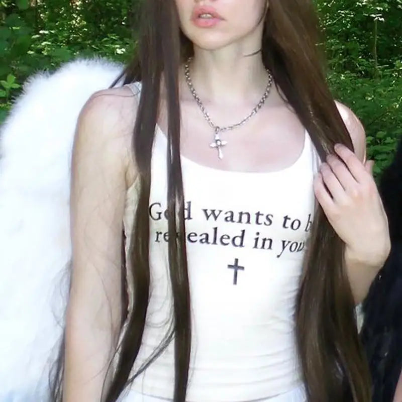 Lunivop God Wants To Be Revealed In You Print Sexy Sleeveless Backless Crop Top Camisole