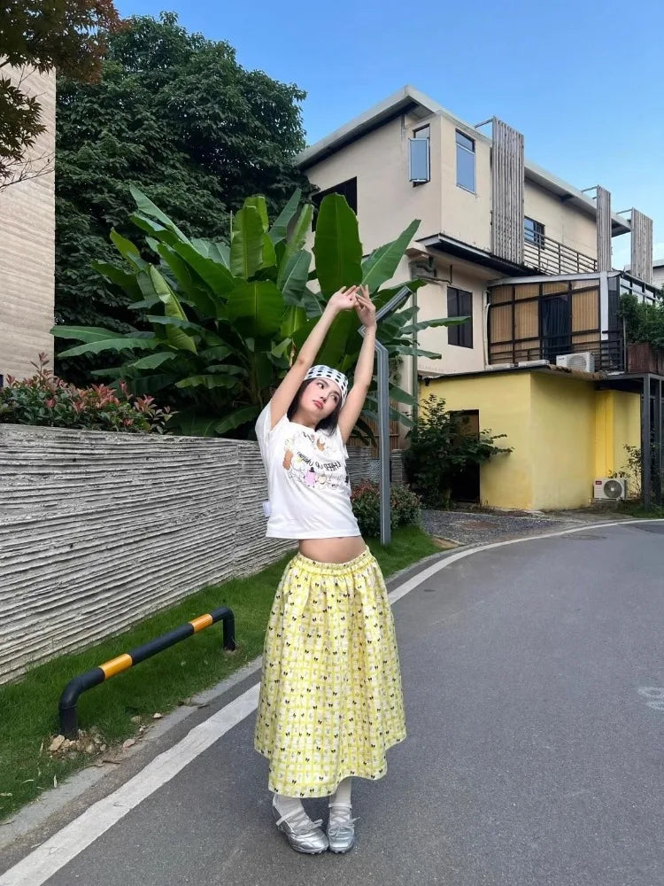 Lunivop  Yellow Plaid Printed Mid-length Skirt for Women Summer Elastic Waist A-line Skirts Y2k High Waist Mid-length Faldas Mujer