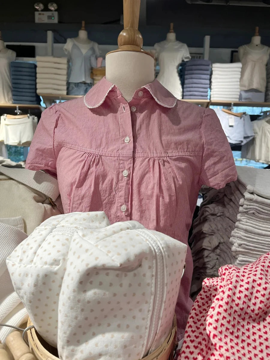 Lunivop  Sweet Pink Striped Button Blouse Women New Streetwear Casual Lapel Short Sleeve Tees Vintage Cute Preppy Style T-shirts Y2K Tops