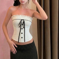 Lunivop  French Sweet Spice Girl Summer Strapless Camisole Y2k Spliced Lace Edge Constrast Color Bow Tank Tops Punk Women Streetwear