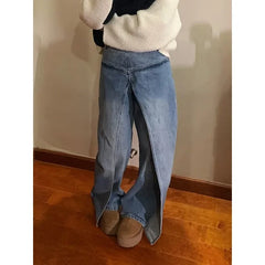 Lunivop Korean Retro Washed Splicing Casual All Match Jeans Women Spring New High Waist Loose Distressed Denim Wide Leg Pants