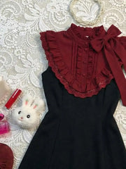 Lunivop  Vintage Classic Burgundy Lace Stand Collar Flutter Sleeve Short Dress Women Elegant Waist Fit Harajuku Summer Streetwear Outfit