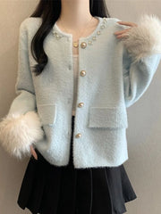 Lunivop Elegant Pearls Sweet Cardigan Women Vintage O Neck Faux Mink Cashmere Knitted Sweaters Korean Casual Long Sleeve Loose Tops