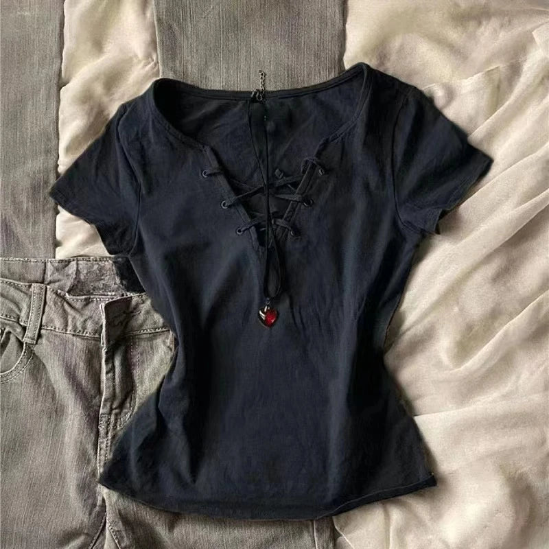 Lunivop  Women Grunge T-shirts Summer Bottoming Crop Tops Vintage Slim Harajuku Causal Black Tshirts Y2k Aesthetic Flower Printing