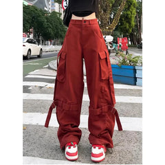 Lunivop Vintage Casual High Waist Red Cargo Pocket Pants For Women Streetwear Style Wide Leg Overalls Baggy Y2K Trouser