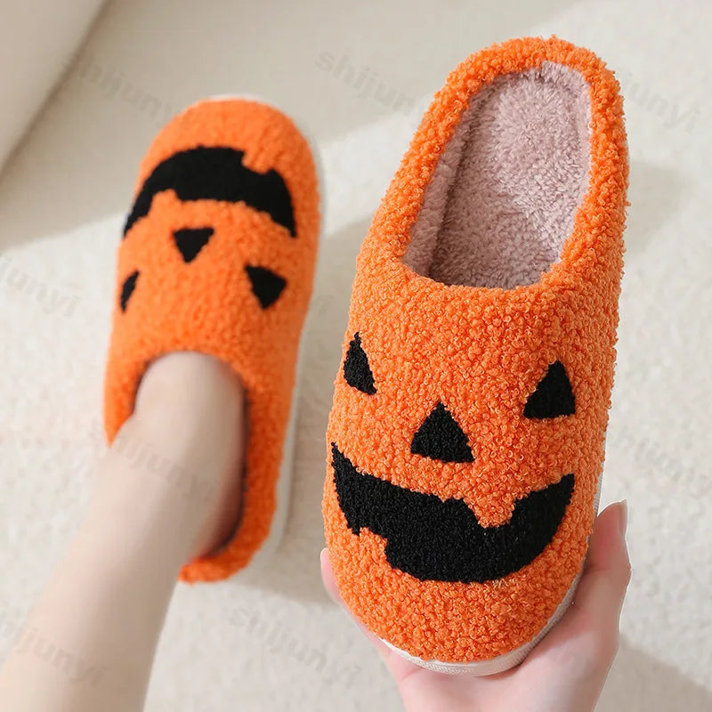 Lunivop Winter Halloween Ghost Face Pattern Cotton Slippers for Men Women Home Flats Non-slip Warm Funny Cartoon Cotton Slipper