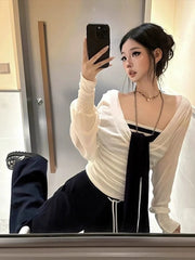 Lunivop Korean Style Two-piece Set T Shirt Women Elegant Sweet Striped Transparent Tees Fashion Loose Streetwear White Tops